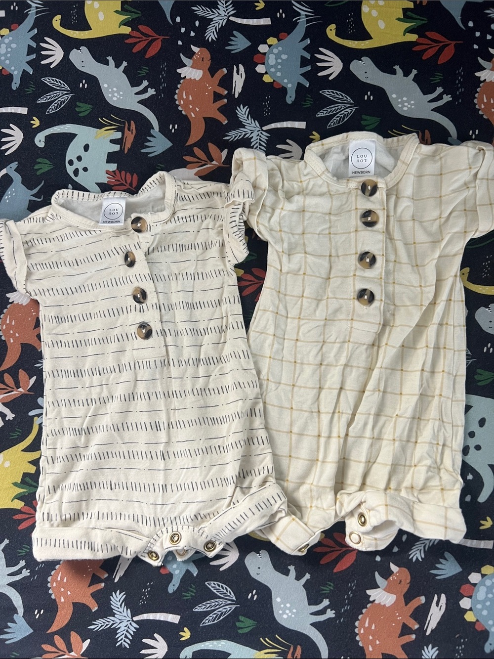 Lou Lou & Company Cream Baby Romper Duo with Stripe and Grid Details